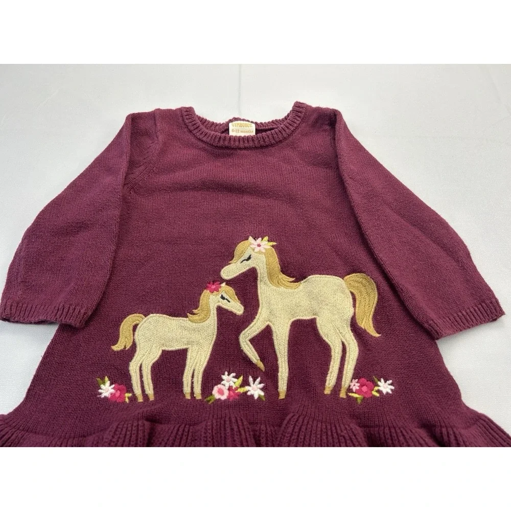 Gymboree Horse Sweater Dress 6-12 M Burgundy Ruffle Embroidered Cotton Farmcore